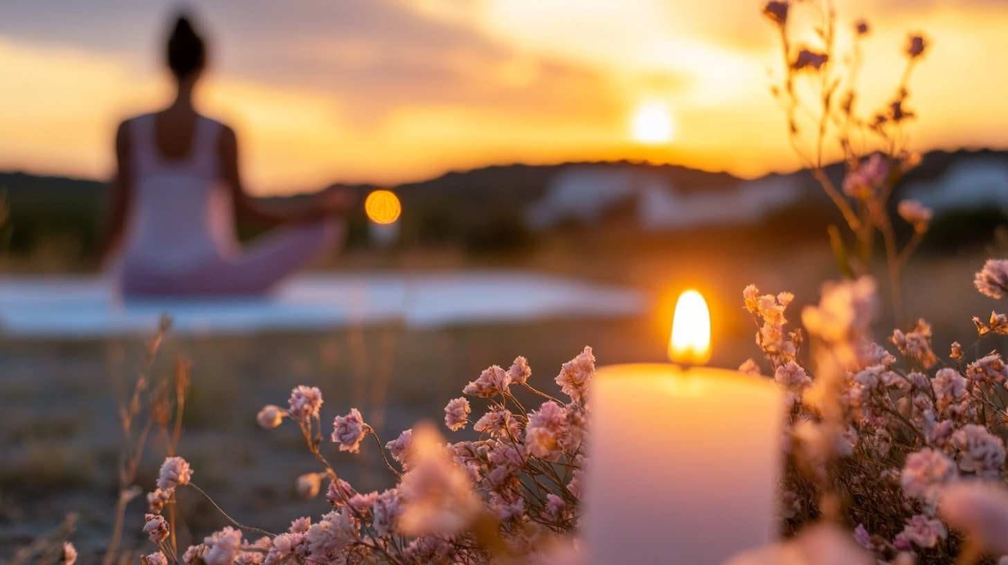 A silhouette of a person practicing yoga outdoors during sunset with pink flowers and a lit candle in the foreground.