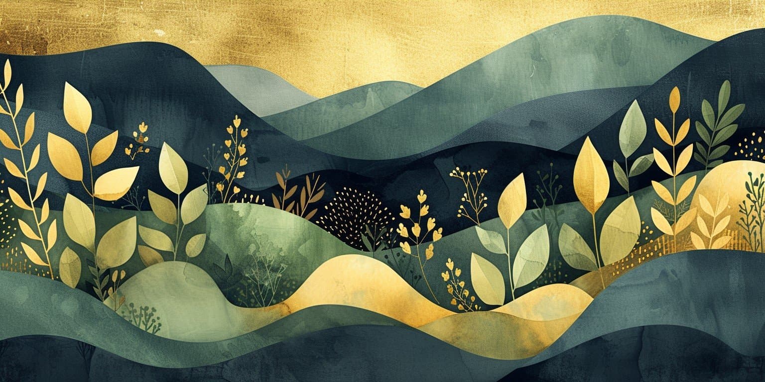 Botanical gold and dark blue watercolor design
