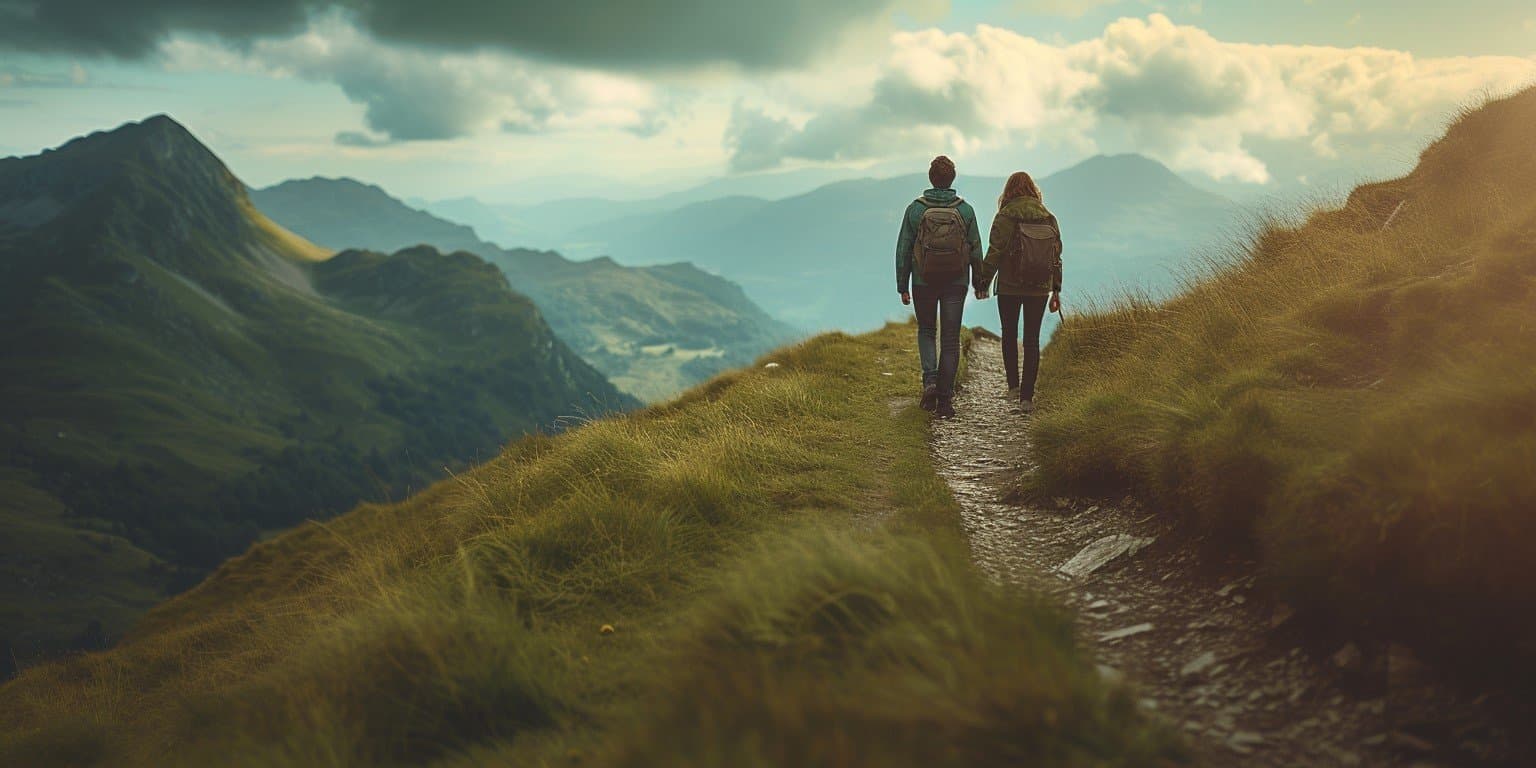 A couple walking on a mountain trail with breathtaking scenery