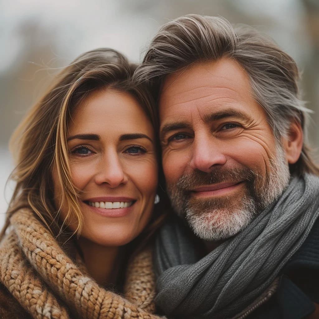 A smiling middle-aged woman and man close together outdoors wearing warm clothing.