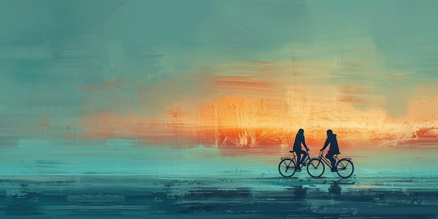 Silhouettes of two people riding bicycles on a beach at sunset or sunrise with a colorful sky