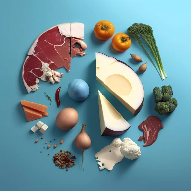 Meat, eggs, cheese and vegetables arranged on a blue background